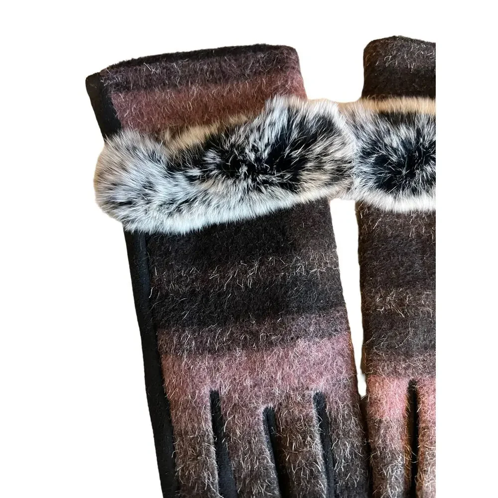 Rabbit Fur Trimmed Fuzzy Tech Gloves